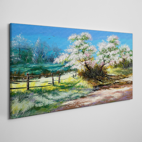 Obraz Canvas Jarná krajina s rozkvitnutými stromami