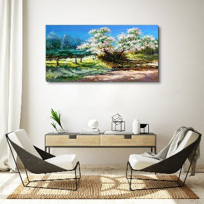 Obraz Canvas Jarná krajina s rozkvitnutými stromami