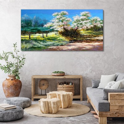 Obraz Canvas Jarná krajina s rozkvitnutými stromami