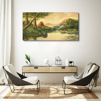 Obraz canvas Pokojná krajina s riekou a stromami
