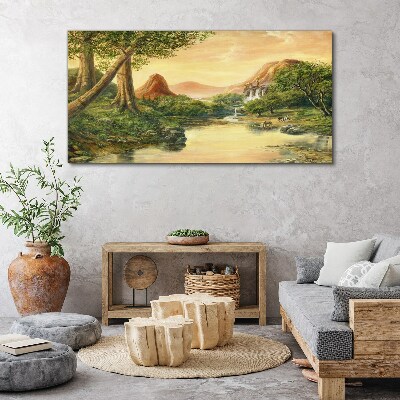 Obraz canvas Pokojná krajina s riekou a stromami