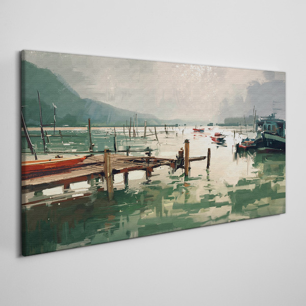 Obraz canvas Prístav jazera lodí hôr