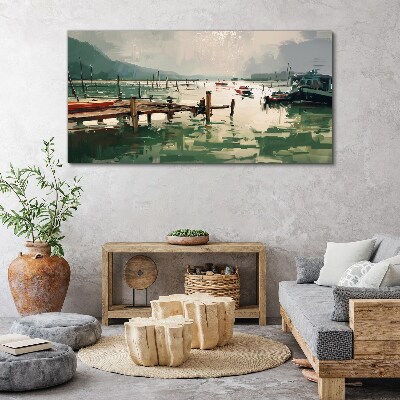 Obraz canvas Prístav jazera lodí hôr