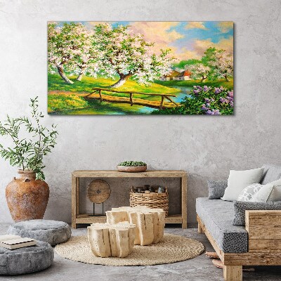 Obraz canvas Jarná krajina s mostom