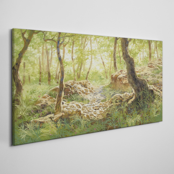 Obraz canvas Zelená lesná krajina s kameňmi