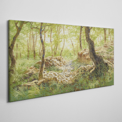 Obraz canvas Zelená lesná krajina s kameňmi