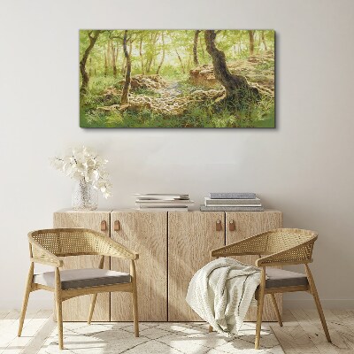 Obraz canvas Zelená lesná krajina s kameňmi