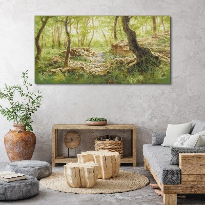 Obraz canvas Zelená lesná krajina s kameňmi