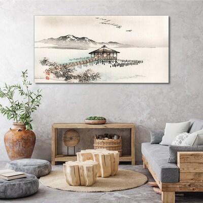 Obraz na plátne Jazero Chata hory vtáky