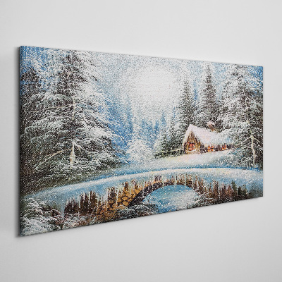 Obraz canvas Zimná krajina s chatou v lese