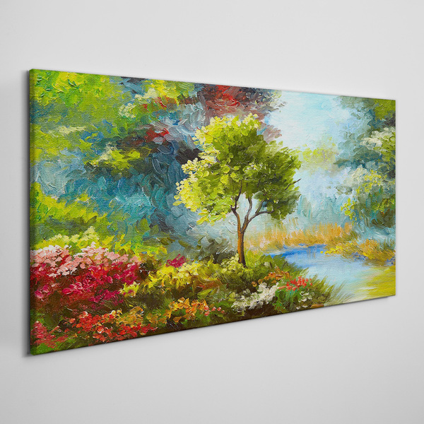 Obraz canvas Jarná krajina so stromom a kvetmi