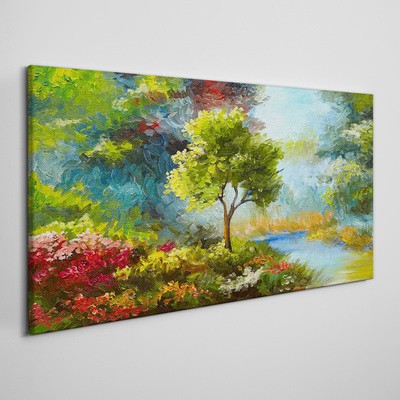 Obraz canvas Jarná krajina so stromom a kvetmi