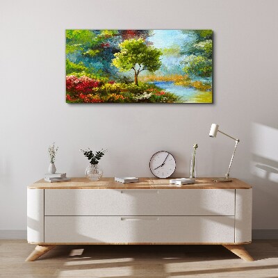 Obraz canvas Jarná krajina so stromom a kvetmi