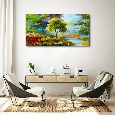 Obraz canvas Jarná krajina so stromom a kvetmi