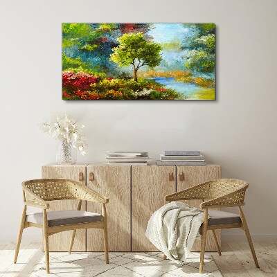 Obraz canvas Jarná krajina so stromom a kvetmi