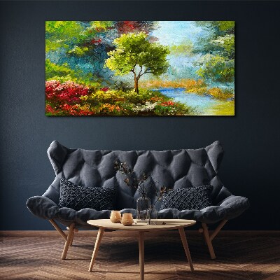 Obraz canvas Jarná krajina so stromom a kvetmi