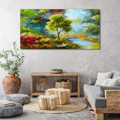Obraz canvas Jarná krajina so stromom a kvetmi