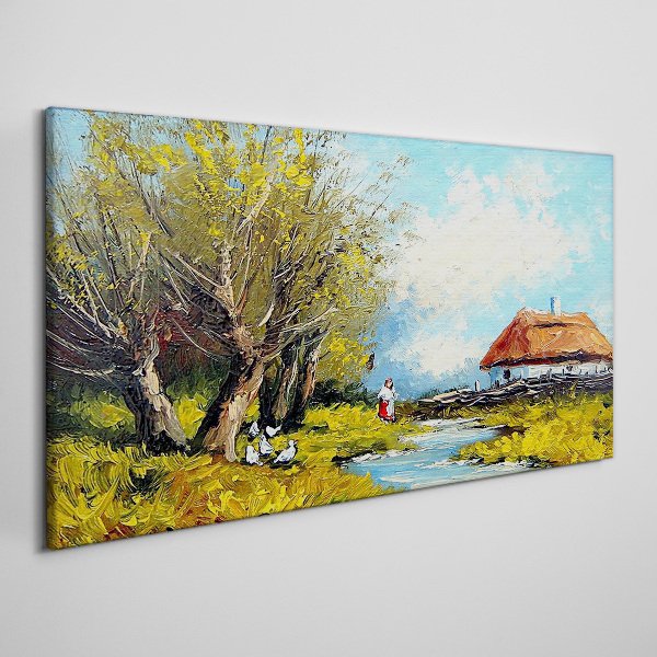 Obraz canvas Vidiecka krajina s chatou a stromami