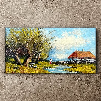 Obraz canvas Vidiecka krajina s chatou a stromami