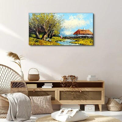Obraz canvas Vidiecka krajina s chatou a stromami