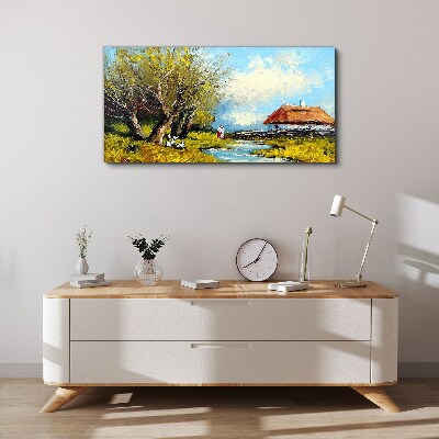 Obraz canvas Vidiecka krajina s chatou a stromami