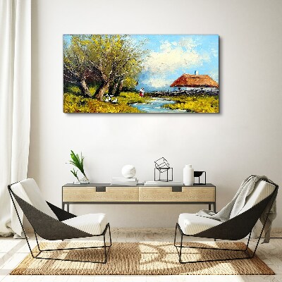 Obraz canvas Vidiecka krajina s chatou a stromami