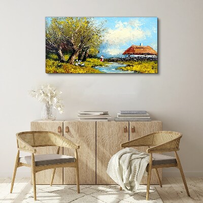 Obraz canvas Vidiecka krajina s chatou a stromami