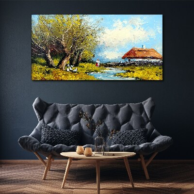 Obraz canvas Vidiecka krajina s chatou a stromami