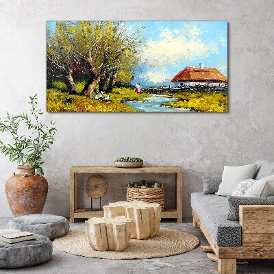 Obraz canvas Vidiecka krajina s chatou a stromami