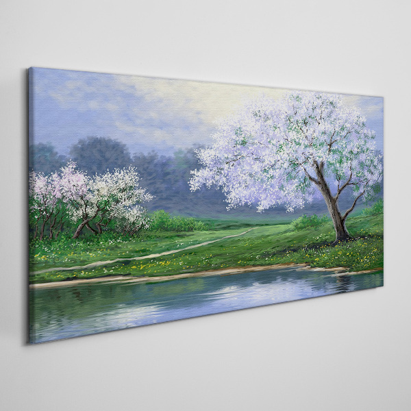 Obraz canvas Jarná krajina s rozkvitnutými stromami