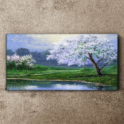 Obraz canvas Jarná krajina s rozkvitnutými stromami