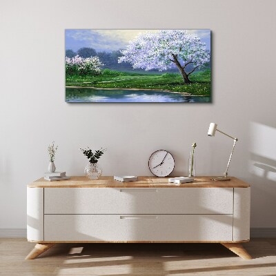 Obraz canvas Jarná krajina s rozkvitnutými stromami