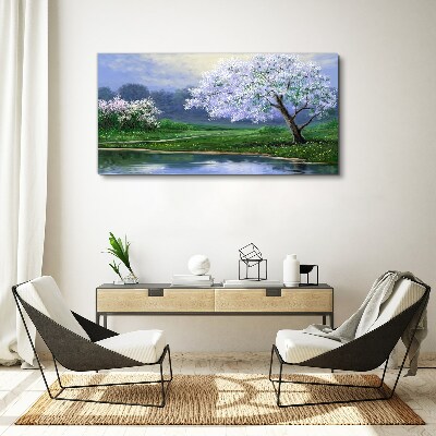 Obraz canvas Jarná krajina s rozkvitnutými stromami