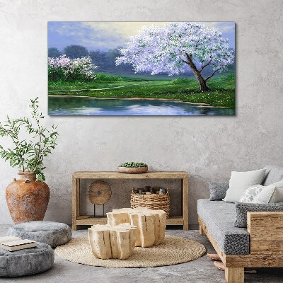 Obraz canvas Jarná krajina s rozkvitnutými stromami