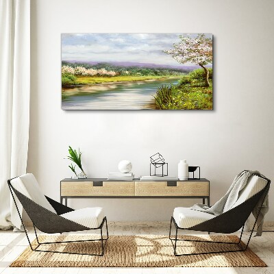 Obraz canvas Strom rieka kvety krajina