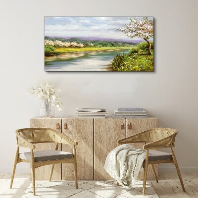 Obraz canvas Strom rieka kvety krajina
