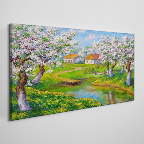 Obraz canvas Jarná krajina s rozkvitnutými stromami
