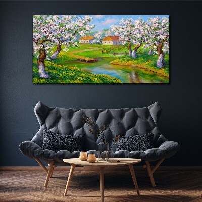 Obraz canvas Jarná krajina s rozkvitnutými stromami