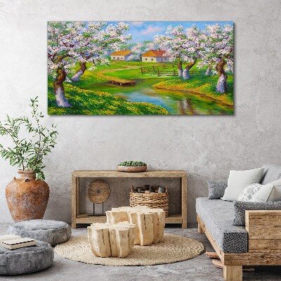 Obraz canvas Jarná krajina s rozkvitnutými stromami