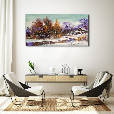 Obraz canvas Zimná krajina s domom v lese