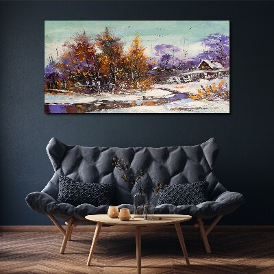 Obraz canvas Zimná krajina s domom v lese