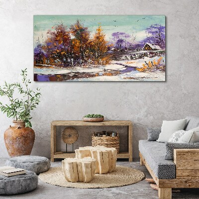 Obraz canvas Zimné sneh stromy Hut rieka