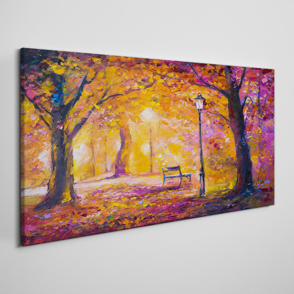 Obraz canvas Lesný park Stromy lampa lavica