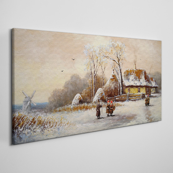 Obraz canvas Zimná krajina s chatou a vetrom