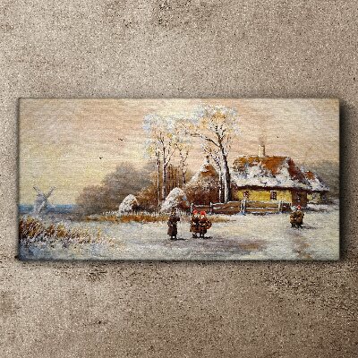 Obraz canvas Zimná krajina s chatou a vetrom