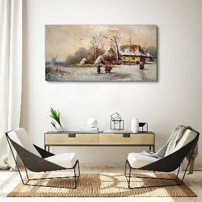 Obraz canvas Zimná krajina s chatou a vetrom