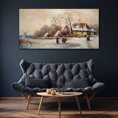 Obraz canvas Zimná krajina s chatou a vetrom