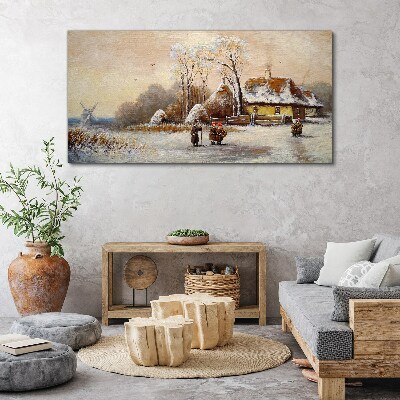 Obraz canvas Zimná krajina s chatou a vetrom