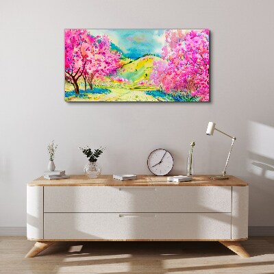 Obraz canvas Jarná krajinka v ružových odtieňoch