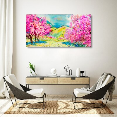 Obraz canvas Jarná krajinka v ružových odtieňoch